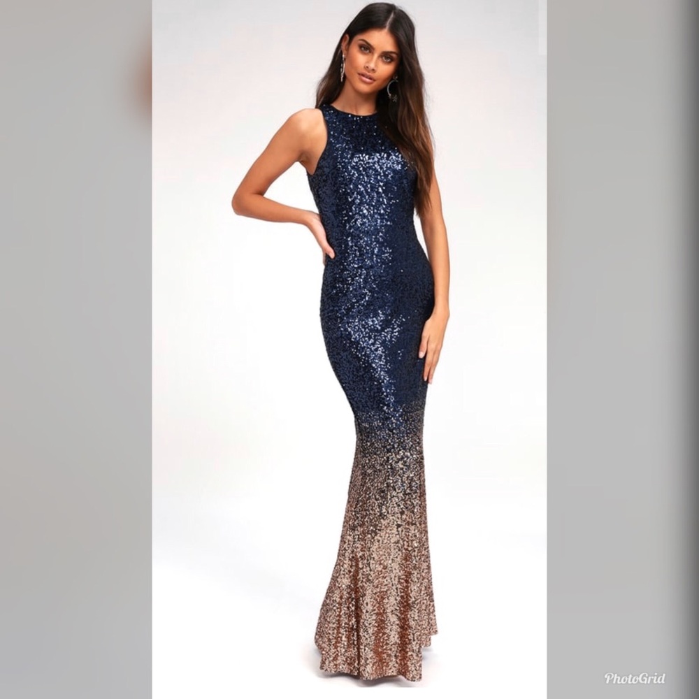 Lulu’s navy-gold, sequin ombre dress.